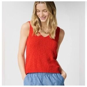 🌺 J.Crew V-Neck Beach Sweater Tank XS Bright Red Cotton Blend Knit Top